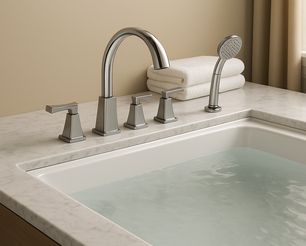 Chrome bathtub faucet set installed on a ledge at a hospitality tub